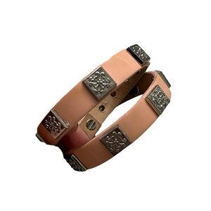 Rustic Cuff pink/peach double wrap leather bracelet with metal logo details
